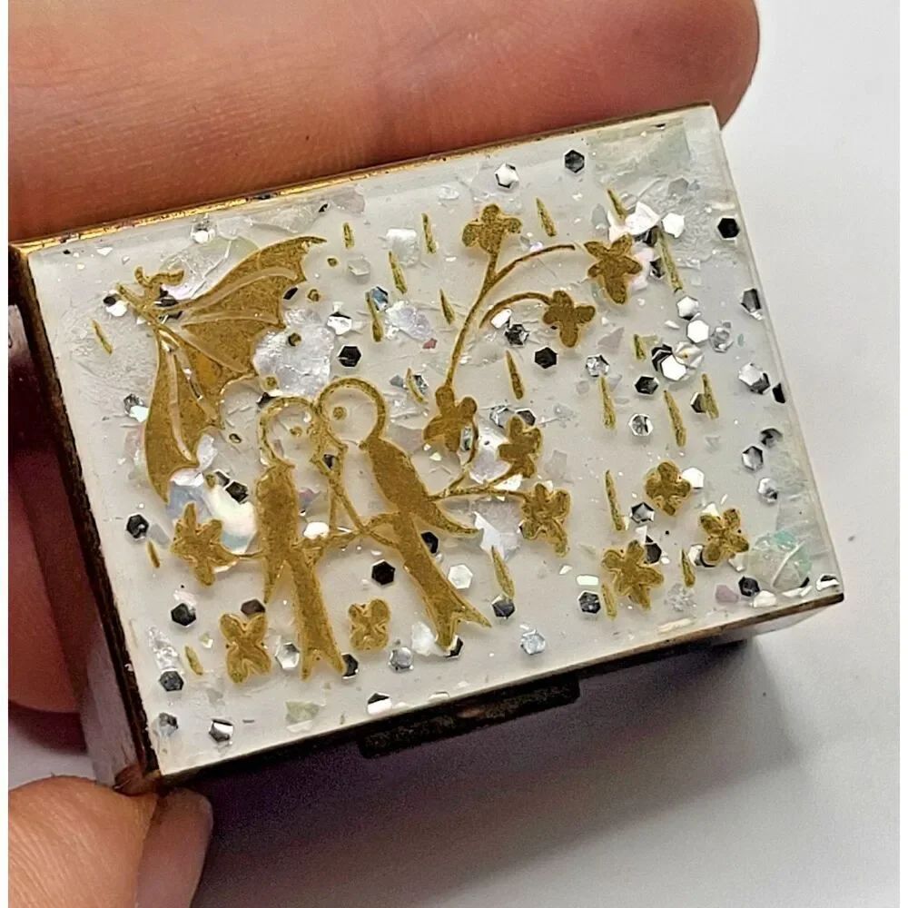 Vintage Trinket Pill Box Decorative Enamel or Resin Gold Motif Birds 1.5in